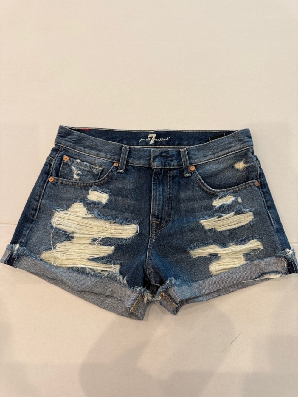7 For All Mankind Distressed Dark Blue Denim Shorts